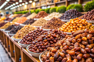 A variety of dried fruits nuts and fresh olives at a market