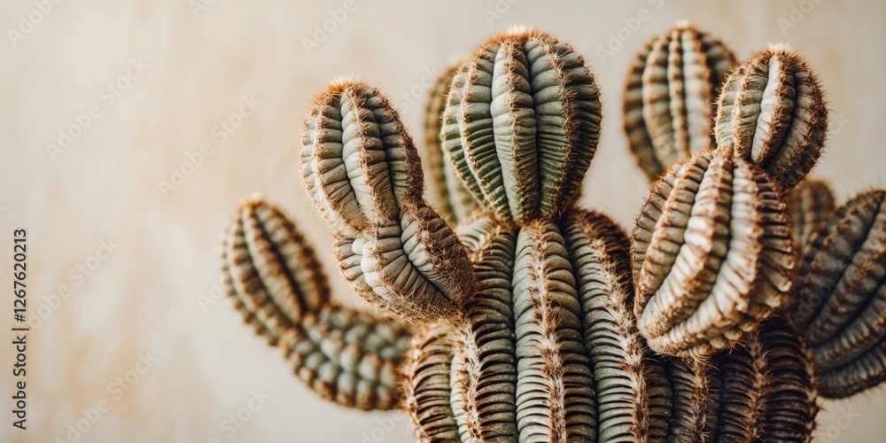 Poster gymnocalycium cactus close-up with unique wood-like patterns and blank space for text in a soft neut