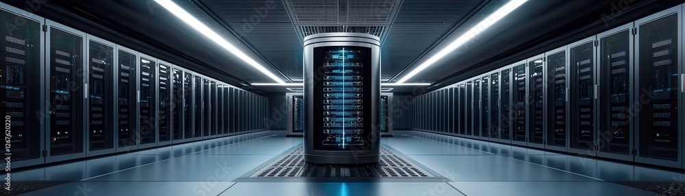 Poster a sleek data center featuring rows of server racks and a central tower, illuminated by futuristic li