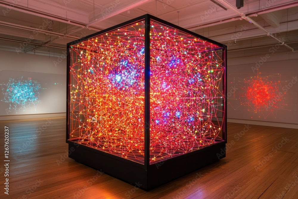 Poster a vibrant, illuminated cube sculpture filled with colorful lights, set in an art gallery, creating a