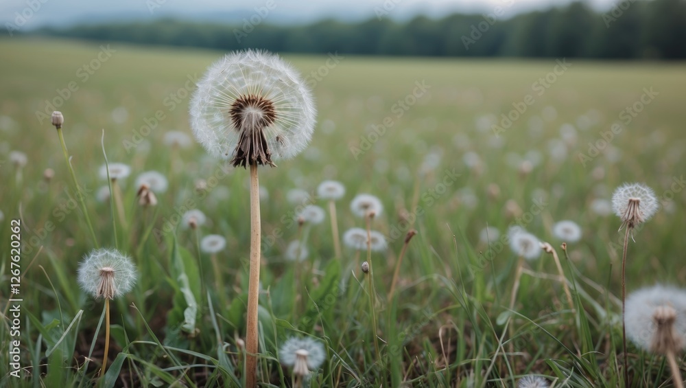 Poster faded dandelion standing tall in a lush green meadow with a blurred background and ample copy space 
