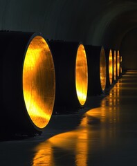 Giant glowing pipes in underground tunnel illuminated with golden light