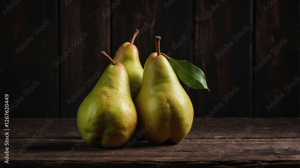 Poster three ripe pears with leaf resting on dark rustic wooden table ideal for culinary concepts and creat