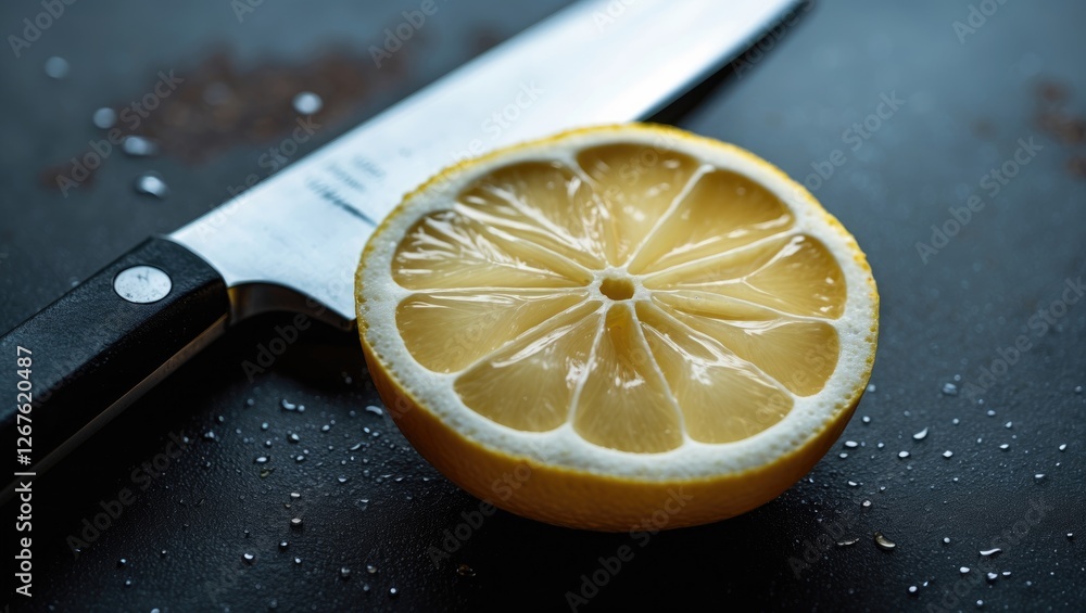 Poster lemon slice and sharp knife on dark table with water droplets and blank space for culinary or recipe