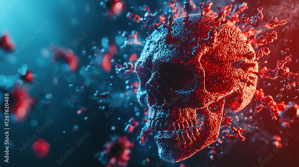 Poster futuristic glowing red skull virus representing cybersecurity hacking data breach malware cyberattac