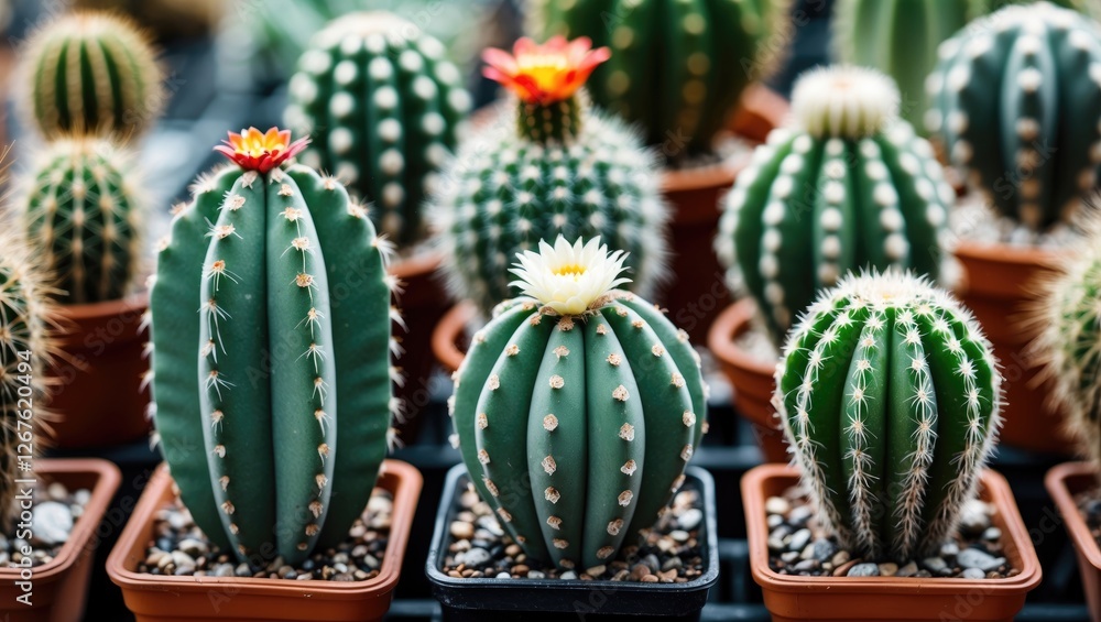 Poster assorted little cacti in pots with colorful flowers and blank space for text or design elements in g