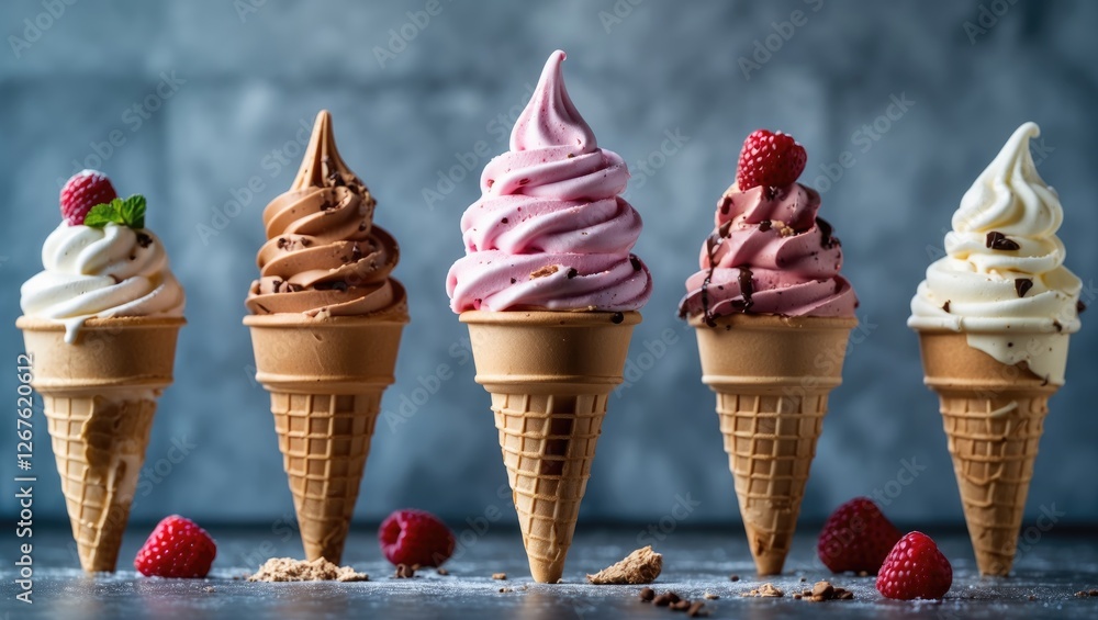 Poster colorful ice cream cones in a row with raspberries on a dark background and copy space for text or p