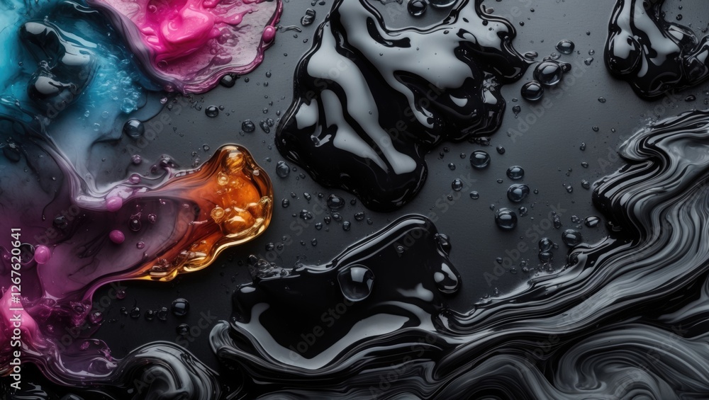 Poster multicolored ink swirling in water creating an abstract texture on a dark background with bubbles an