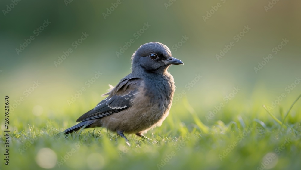 Aufkleber jackdaw fledgling bird standing on green grass with soft background and copy space for text or graph