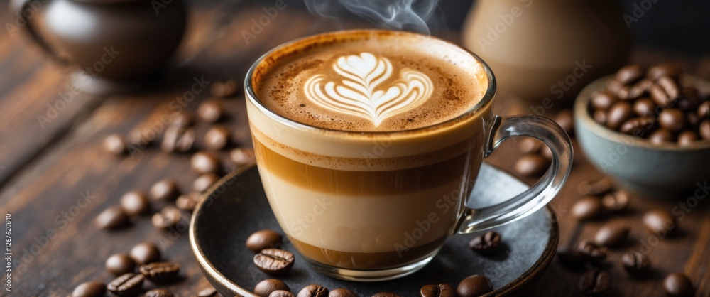 Poster coffee latte with heart pattern and empty space for text on rustic wooden table background