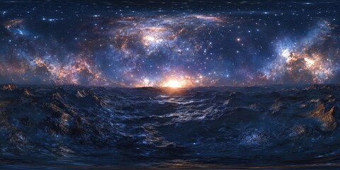 Naklejka premium Stunning 360 Degree Space Panorama Featuring a Vibrant Nebula Twinkling Stars and a Mesmerizing HDRI Equirectangular Projection for Cosmic Visualization