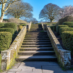 Stone steps ascend a landscaped hill, framed by trimmed hedges and silhouetted trees against a clear, bright sky.