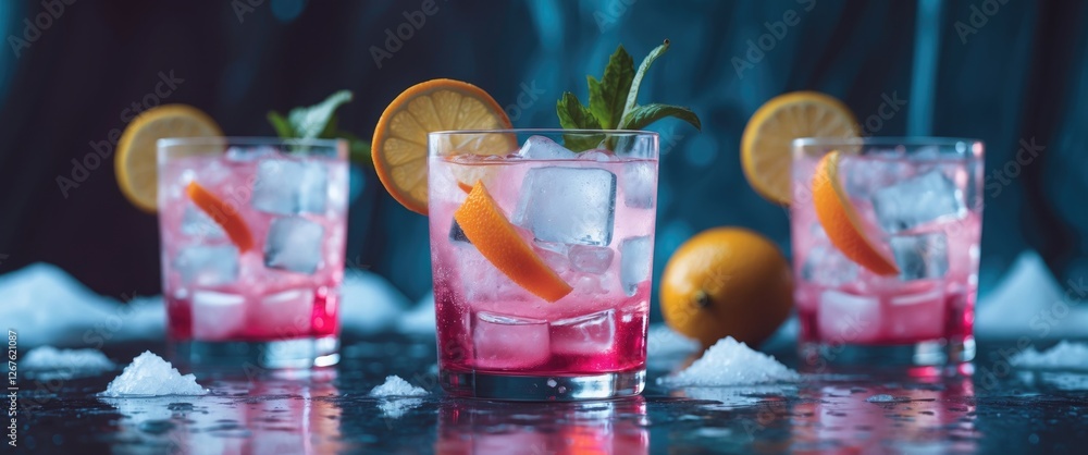 Poster Refreshing Ice Cocktail Cosmopolitan with Citrus Garnish and Empty Space for Text on Table with Blue Background
