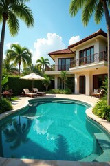 Fototapeta premium Expansive villa, private pool, vibrant garden oasis , sky, pool, architecture