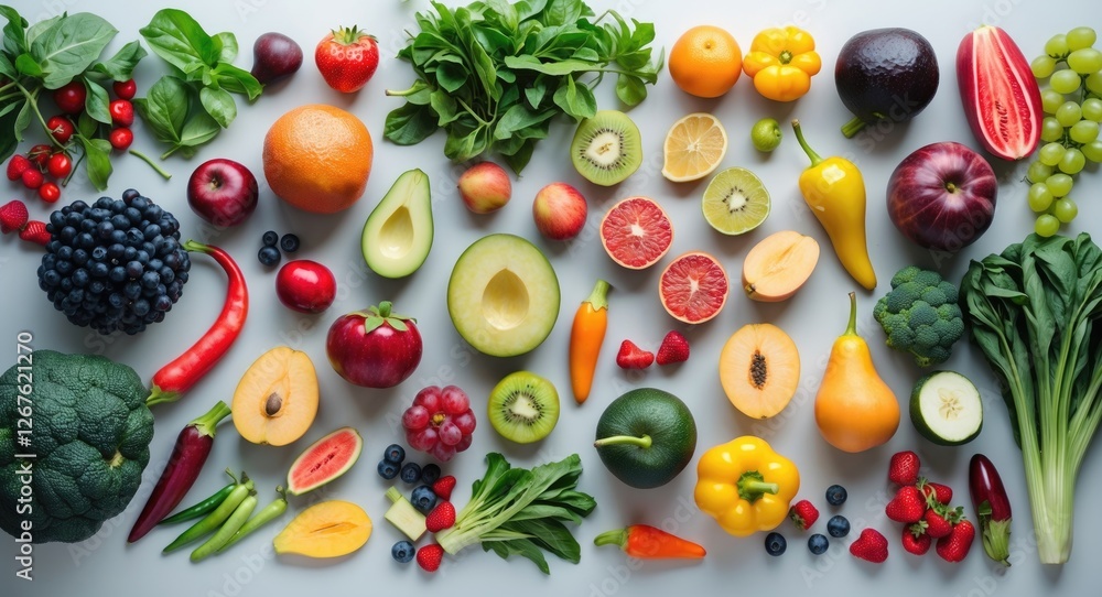 Poster colorful flat lay of fresh fruits and vegetables displaying healthy eating options with empty space 