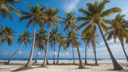 Tropical beach scene with tall palm trees under a clear blue sky and gentle waves creating a serene coastal atmosphere.