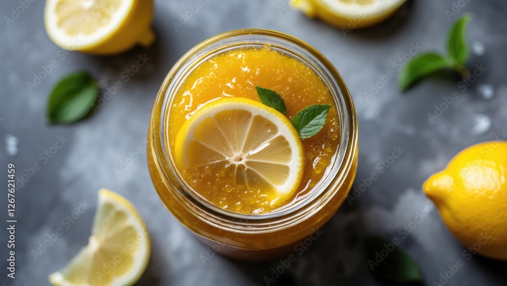 Poster lemon jam jar overhead view with fresh lemon slices and leaves on dark background ideal for culinary