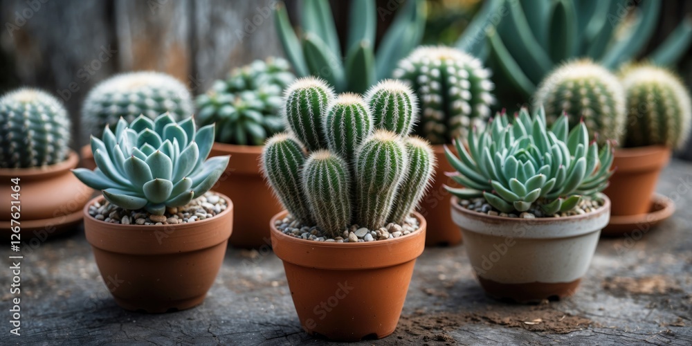 Poster group of assorted potted succulents and cacti arranged on a rustic wooden surface with natural backg