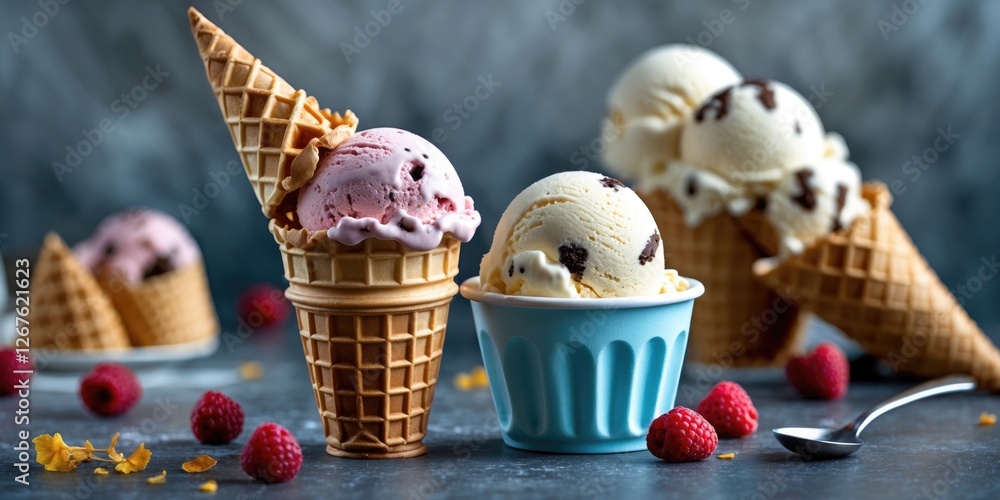 Poster colorful ice cream cones with soft serve and scoops in waffle cups surrounded by fresh raspberries o