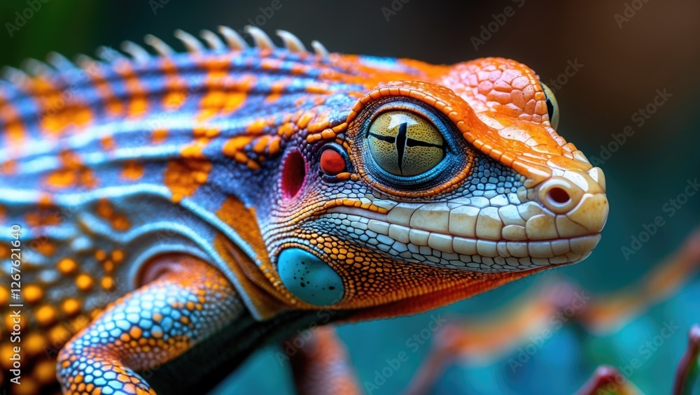 Poster vibrant close-up of a colorful lizard showcasing intricate patterns and textures ideal for nature-th