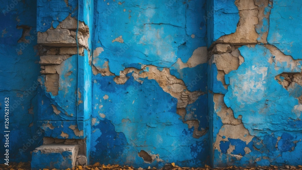 Poster weathered blue wall with peeling paint and texture creating a grunge effect ideal for backgrounds or