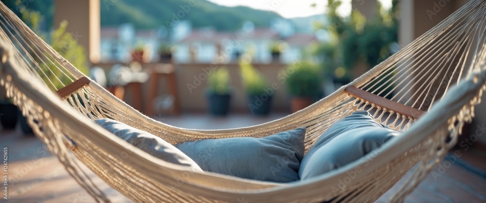 Poster cozy hammock on a terrace during daytime with blurred background and empty space for text, perfect f