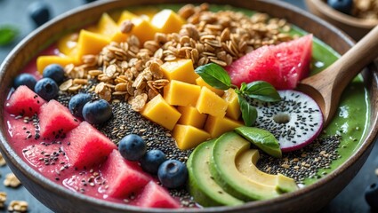 Vibrant Vegan Smoothie Bowl with Fresh Fruits, Granola and Chia Seeds for a Healthy Breakfast with Space for Text.