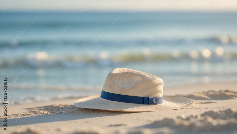 Poster sunhat resting on sandy beach with gentle waves in the background ideal for vacation and summer them
