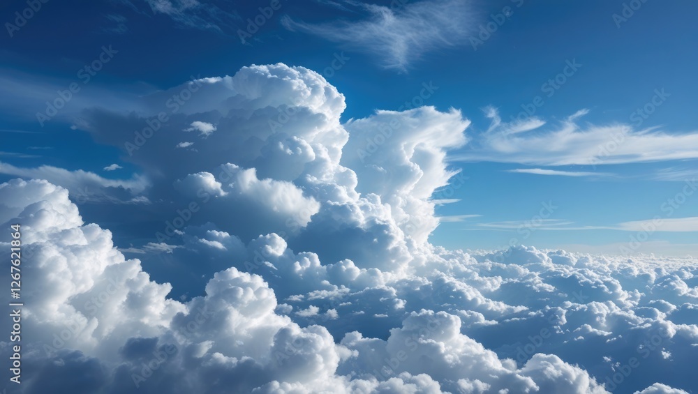 Poster majestic white clouds floating in a tranquil blue sky creating a serene and uplifting atmosphere for