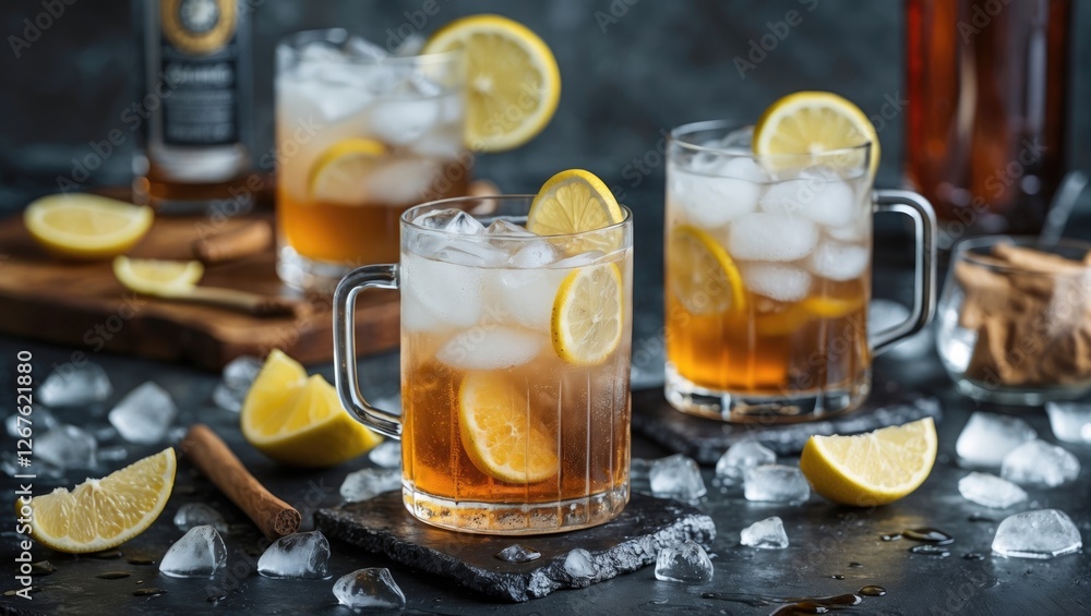 Poster Refreshing Vodka Ginger Beer Mules with Lemon Slices on Dark Stone Surface and Ice for Beverage Advertisement or Menu Design