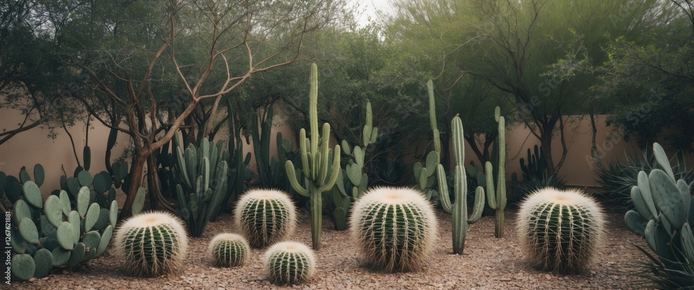 Poster cactus garden with diverse species surrounded by lush greenery and empty space for text overlay or m