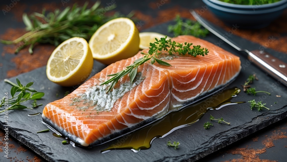Poster fresh salmon steaks with lemon and herbs on slate board ready for grilling rustic background with em