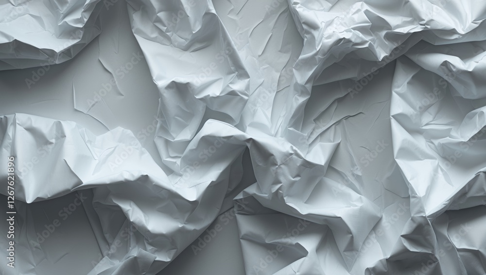 Poster crumpled textured paper background in soft white and grey tones for creative projects and design use