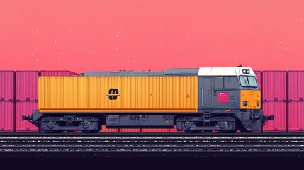 Colorful freight train with containers against a pink starry sky, depicting transportation and industry