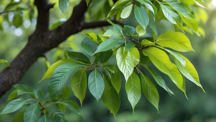 Obraz premium Lush green leaves on tree branches showcasing vibrant nature and serene outdoor atmosphere in a sunny environment