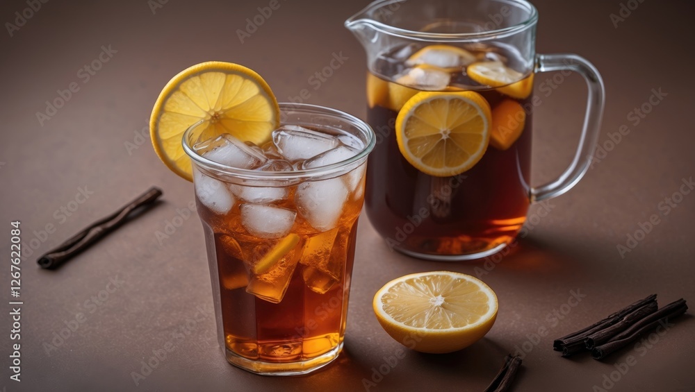 Poster refreshing iced tea served in a glass with lemon slice and pitcher on rustic brown table