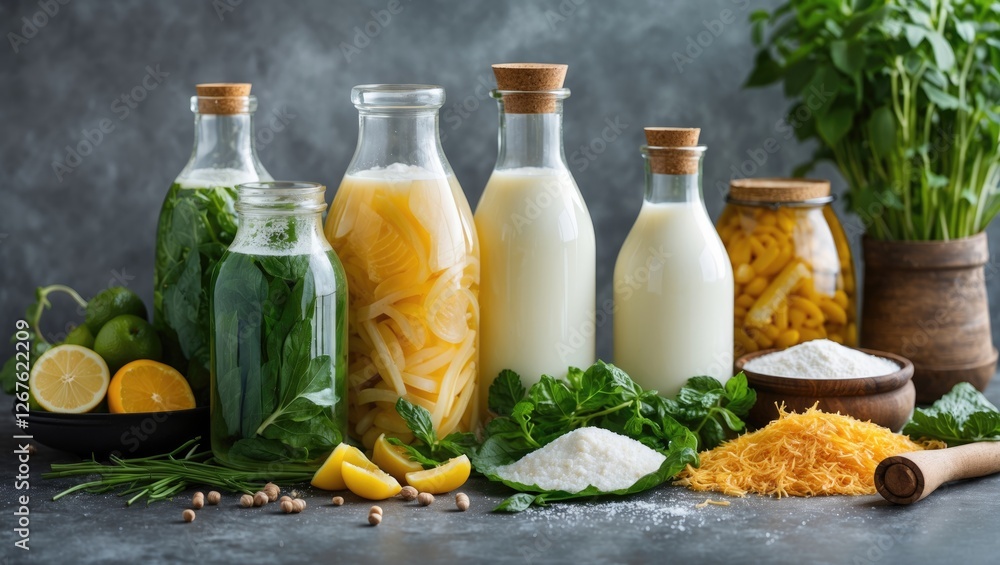 Poster lacto fermentation process with various ingredients and copy space for text on a dark rustic backgro