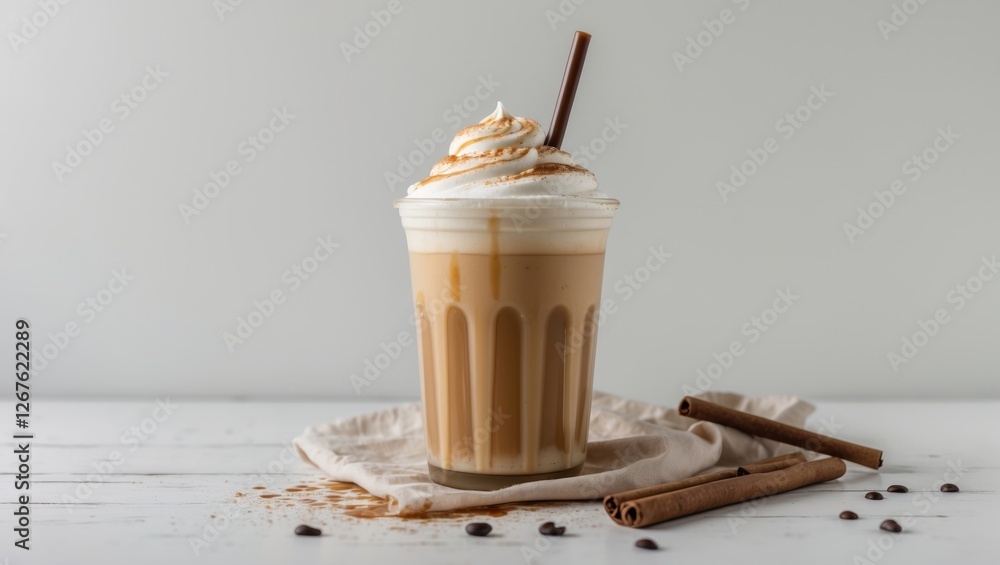 Aufkleber iced caramel macchiato in glass with cream topping and cinnamon sticks on white background for text 