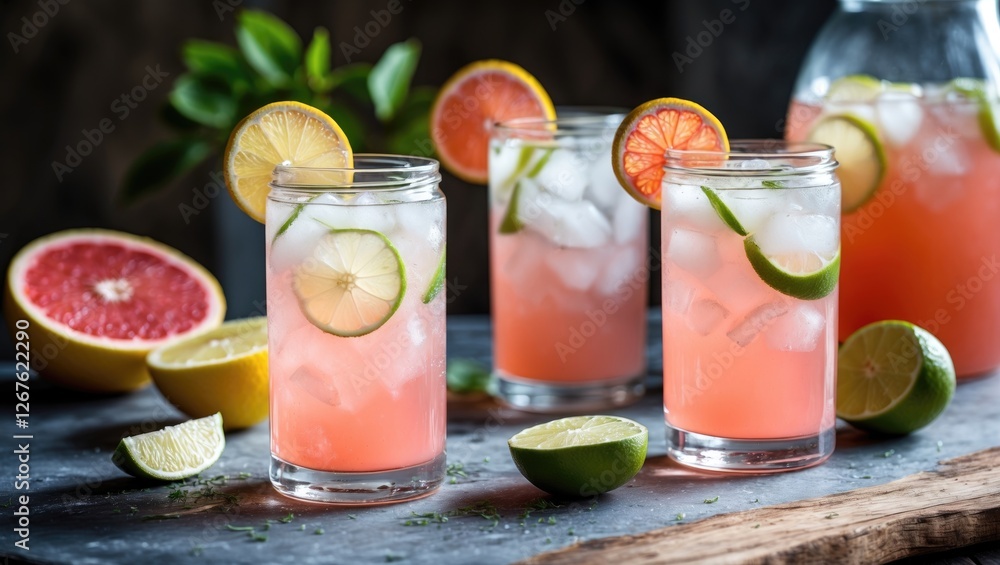 Poster refreshing homemade lemonade with pink grapefruit and lime slices in glasses on rustic table with fr