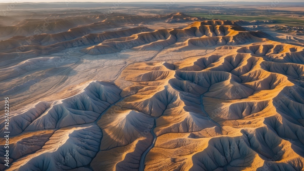 Poster aerial view of textured badlands landscape illuminated by soft light and shadows emphasizing its nat