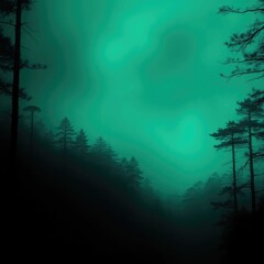 Obraz premium Mysterious forest with dark teal green black gradient background, forest, landscape