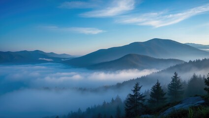 Misty Mountain Landscape with Dense Fog and Clear Blue Sky in Early Morning
