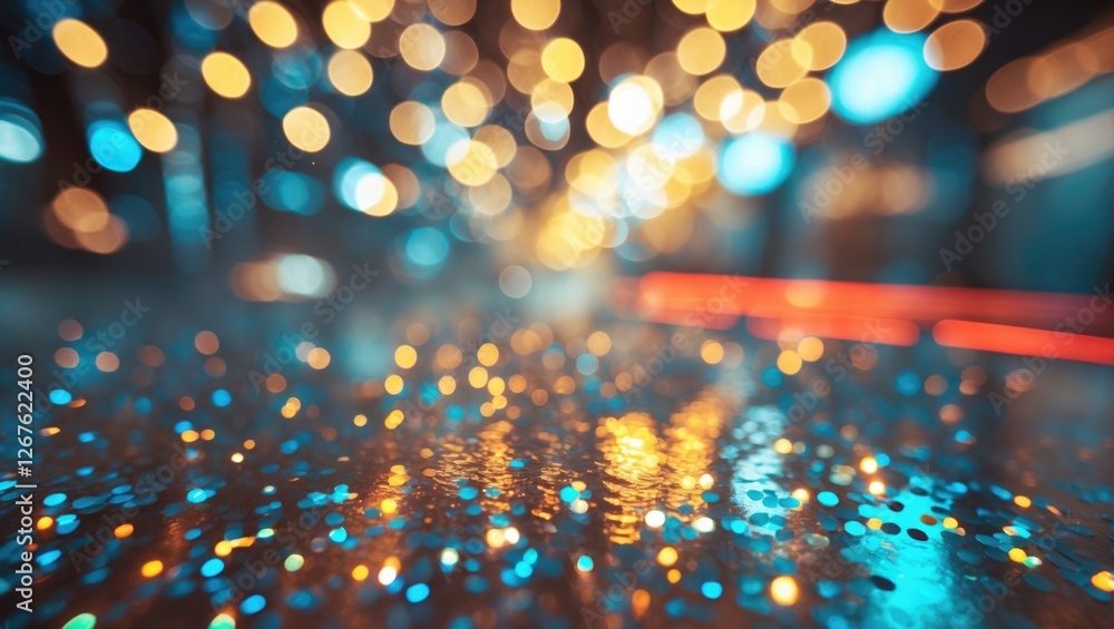 Poster glittering bokeh lights and reflections on a smooth surface creating an enchanting abstract backgrou