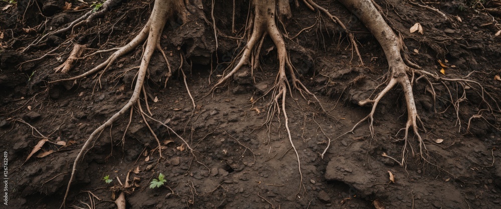 Poster ground soil texture featuring tree roots and vegetation remnants with abstract design and space for 
