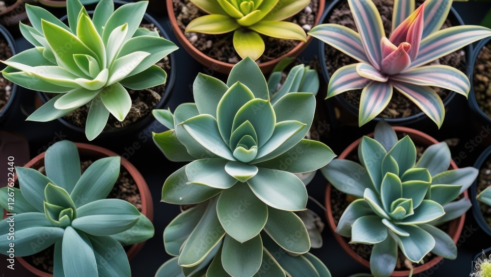 Aufkleber top view of various colorful bromeliads in pots showcasing diverse textures and shapes against a dar