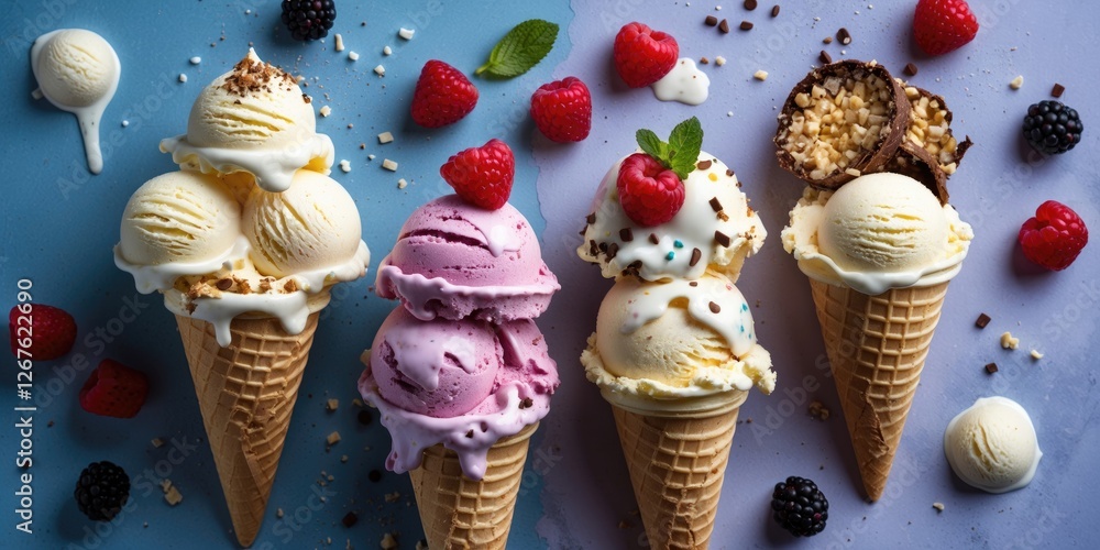 Poster colorful ice cream cones with various toppings and fresh berries on blue background empty space for 