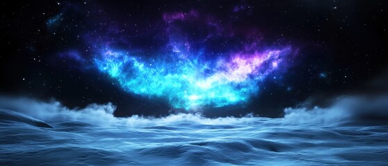 Fototapeta premium A stunning cosmic landscape with a vibrant nebula over tranquil waters.