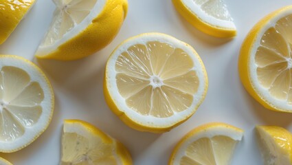 Fresh Lemon Slices Arranged Artistically on White Background Showcasing Juicy Texture and Vibrant Yellow Color for Culinary Use