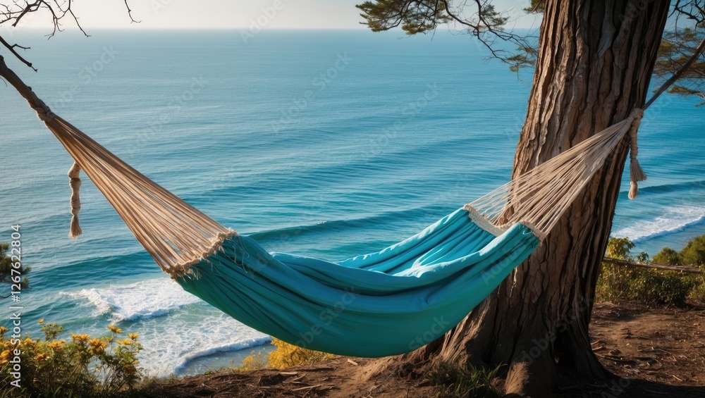 Poster tranquil hammock suspended between trees overlooking calm ocean waves relaxing seascape with copy sp