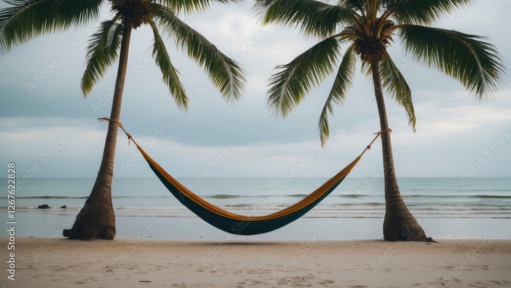 Poster hammock relaxation between palm trees on beach under cloudy sky with calm ocean background and space